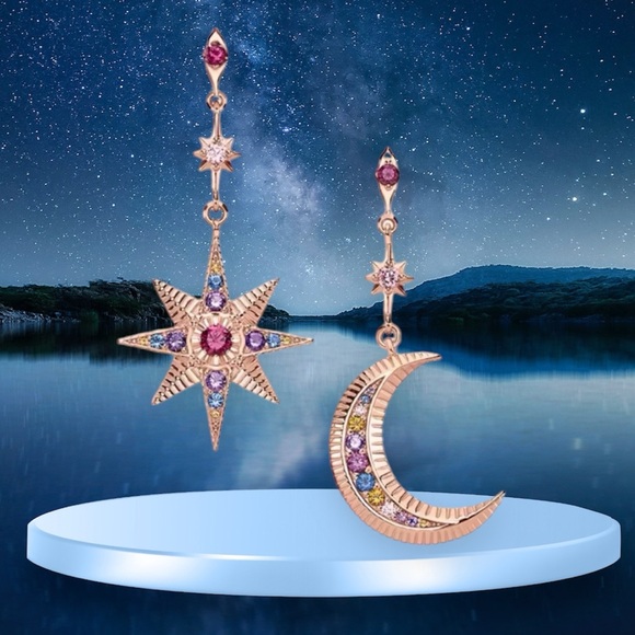 NWOT crescent moon and star dangle earrings, Sterling silver 18k rose gold plt - Picture 5 of 17